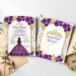Budget Purple Floral Princess Gold Quinceanera