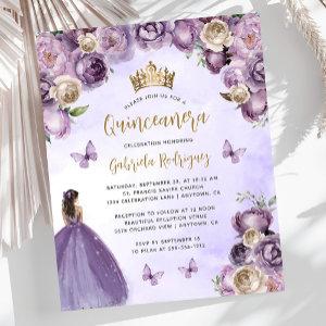 Budget Purple Ivory Gold Floral Quinceañera Invite