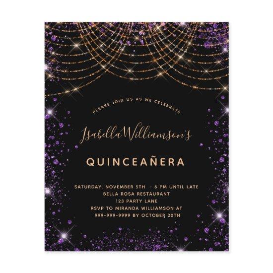 Budget Quinceanera black purple gold glitter dust