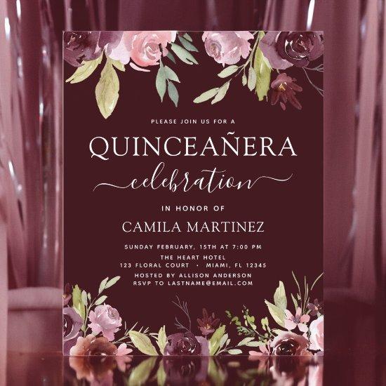 Budget Quinceanera Burgundy Pink Floral