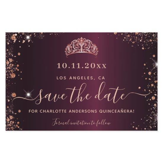Budget Quinceanera burgundy rose gold save date