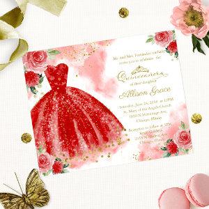 Budget Quinceanera  Gold Red Gown
