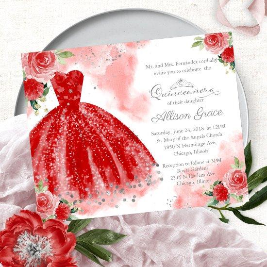 Budget Quinceanera  Silver Red Gown