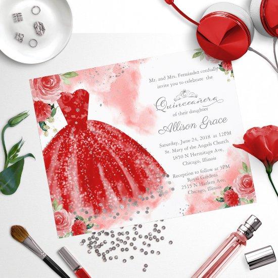 Budget Quinceanera  Silver Red Gown