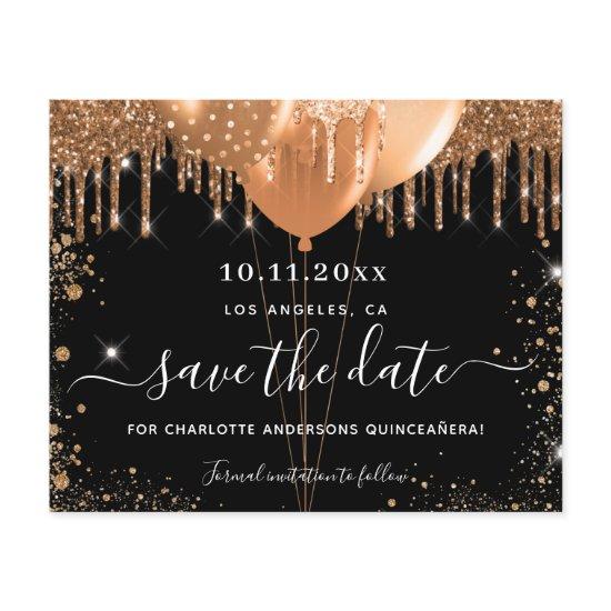 Budget Quinceanera party black gold save the date