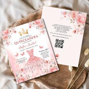 Budget Quinceañera QR Code Blush Pink Floral Flyer