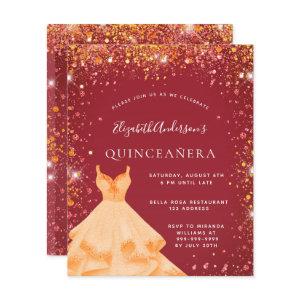 Budget Quinceanera red gold dress glitter dust
