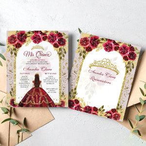 Budget Red Floral Princess Gold Arch Quinceanera