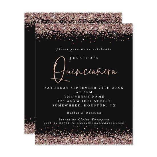 Budget Rose Gold Glitter Black Quinceanera Invite