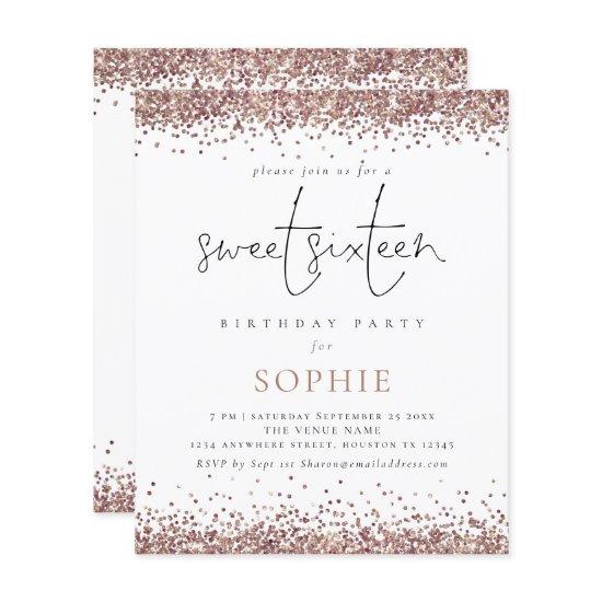 Budget Rose Gold Glitter Sweet 16 Party Invite