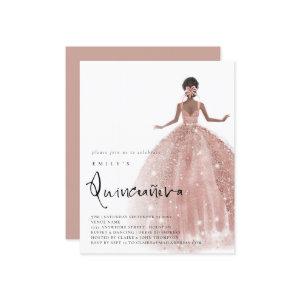 Budget Rose Gold Gown Dark Hair QR Quinceañera