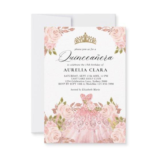 BUDGET Rosegold Pink Dress Floral 15th Quinceañera Note Card