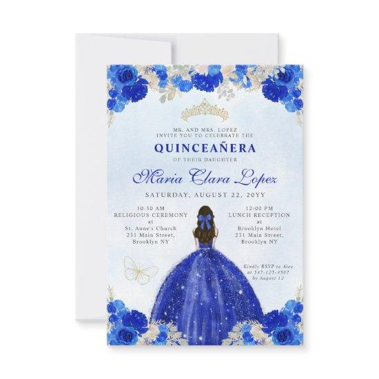 Budget Royal Blue Gold Floral Princess Quinceañera Note Card