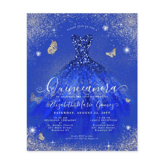 Budget Royal Blue Gold Gown Quinceanera Invite