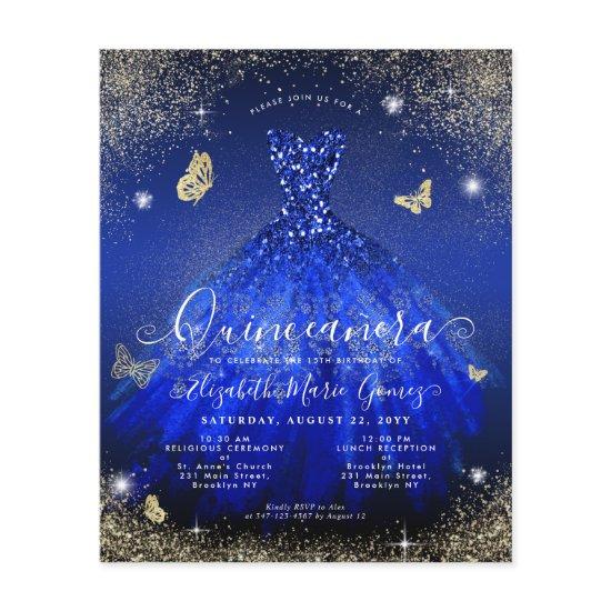 Budget Royal Blue Gold Gown Quinceanera Invite