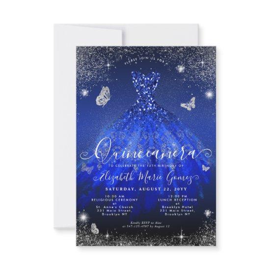 Budget Royal Blue Silver Glitter Gown Quinceanera Note Card