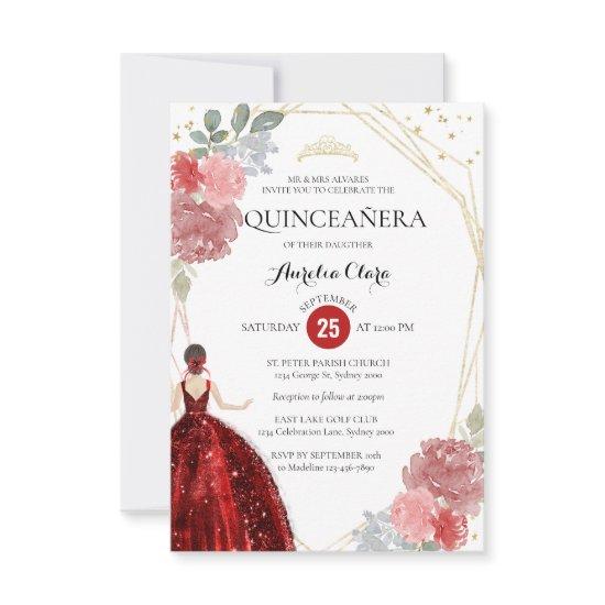 Budget Ruby Red Floral Geometric Quinceañera Note Card