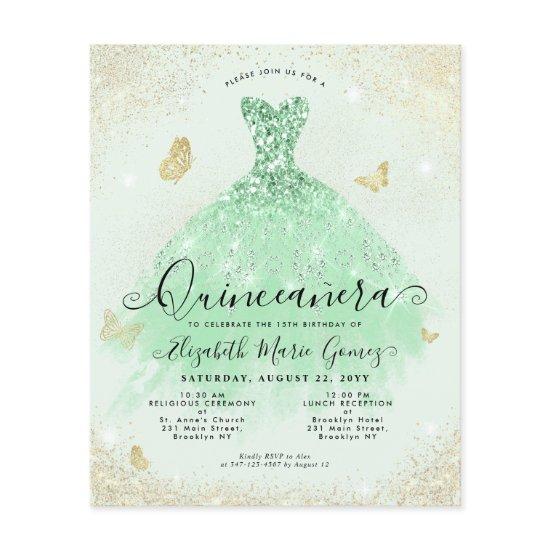 Budget Sage Green Gold Glitter Gown Quinceanera