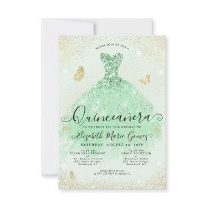 Budget Sage Green Gold Glitter Gown Quinceanera Note Card