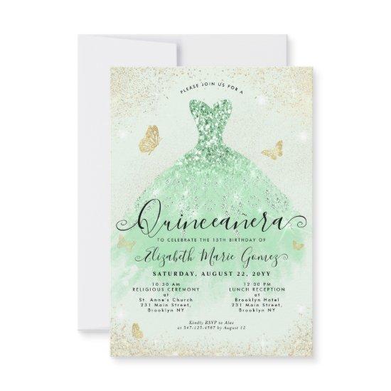 Budget Sage Green Gold Glitter Gown Quinceanera Note Card
