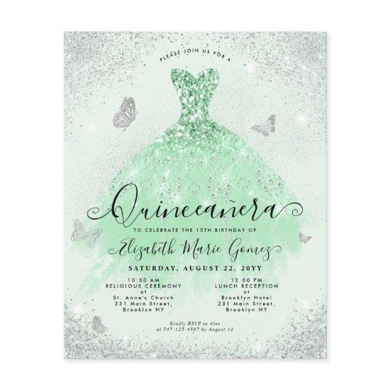 Budget Sage Green Silver Glitter Gown Quinceanera