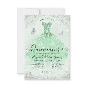 Budget Sage Green Silver Glitter Gown Quinceanera Note Card