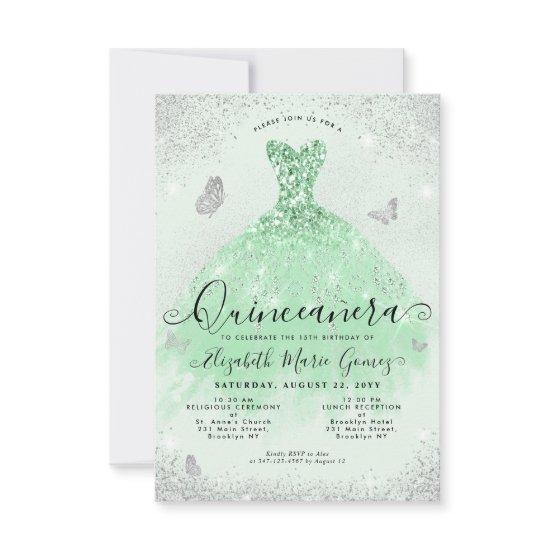 Budget Sage Green Silver Glitter Gown Quinceanera Note Card