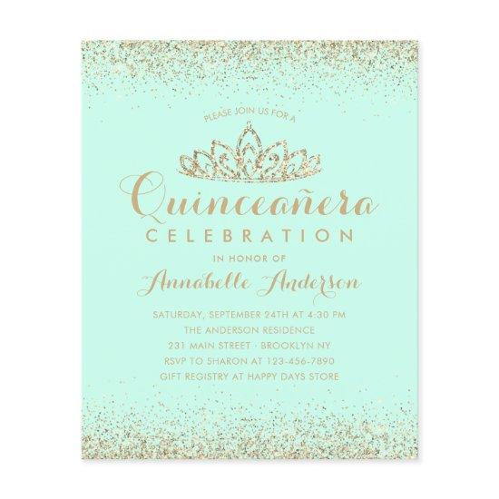 Budget Teal Aqua Gold Quinceañera Tiara Invite