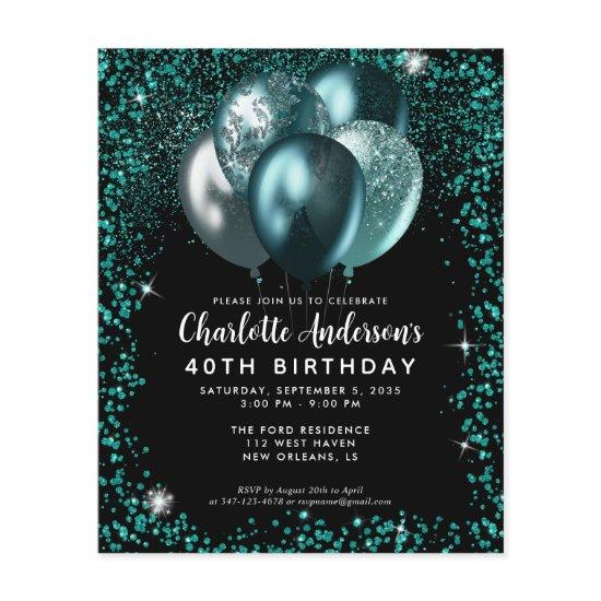 Budget Teal Green Black Glitter Balloon Birthday Flyer