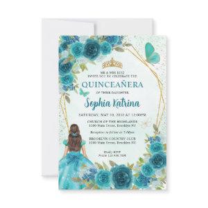 Budget Teal Green Gold Floral Princess Quinceañera Note Card
