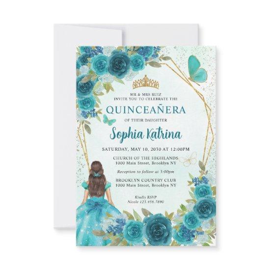 Budget Teal Green Gold Floral Princess Quinceañera Note Card