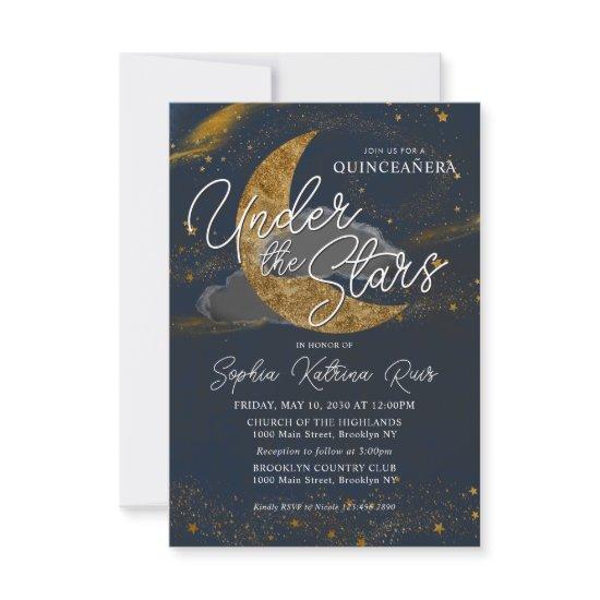 Budget Under the Stars Blue Gold Moon Quinceanera Note Card