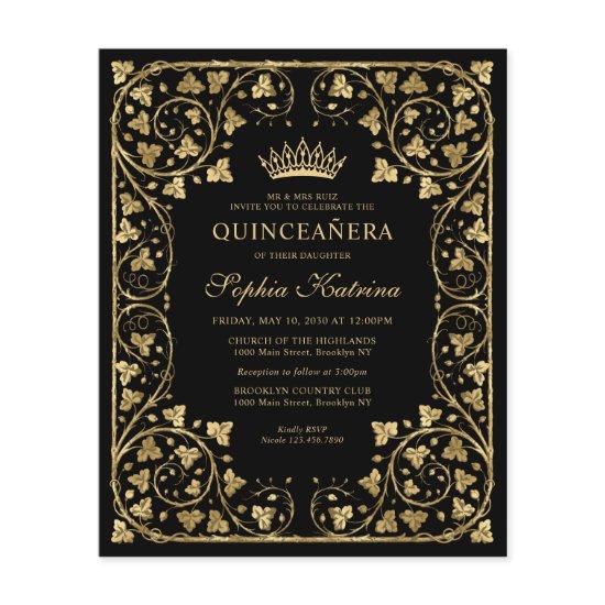 Budget Vintage Black Floral Gold Tiara Quinceanera