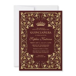 Budget Vintage Burgundy Red Gold Tiara Quinceanera Note Card