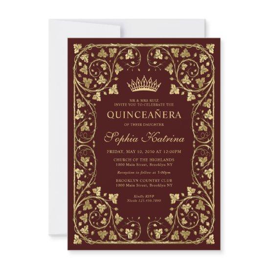 Budget Vintage Burgundy Red Gold Tiara Quinceanera Note Card