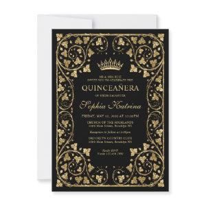 Budget Vintage Glam Black Gold Tiara Quinceanera Note Card