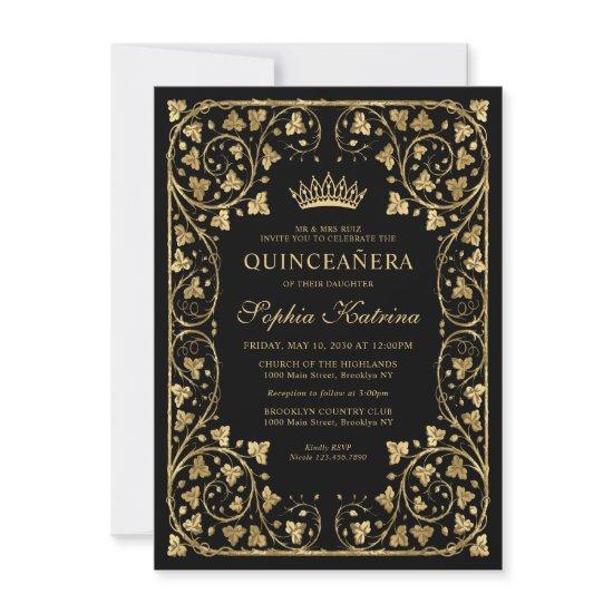 Budget Vintage Glam Black Gold Tiara Quinceanera Note Card