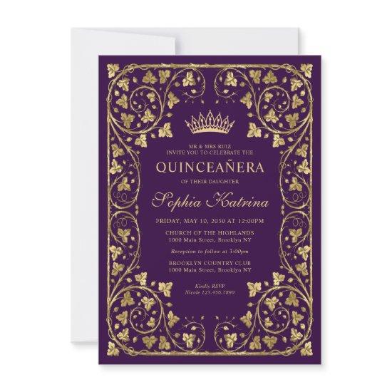 Budget Vintage Glam Purple Gold Tiara Quinceanera Note Card