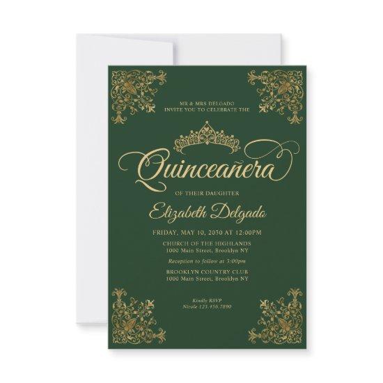 Budget Vintage Green Gold Tiara Quinceanera Note Card