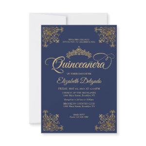 Budget Vintage Navy Blue Gold Tiara Quinceanera Note Card