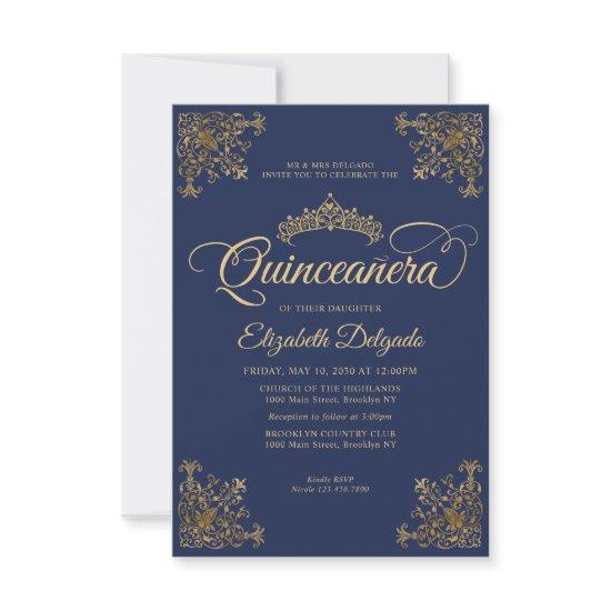 Budget Vintage Navy Blue Gold Tiara Quinceanera Note Card