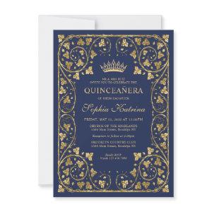 Budget Vintage Navy Blue Gold Tiara Quinceanera Note Card