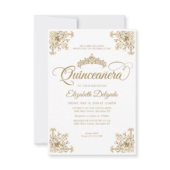 Budget Vintage White Gold Frame Tiara Quinceanera Note Card