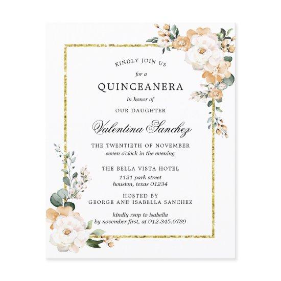 Budget White Gold Floral Quinceanera