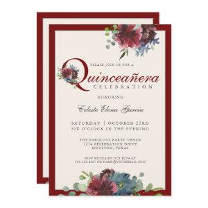 Burgundy and Blue Watercolor Floral Quinceanera