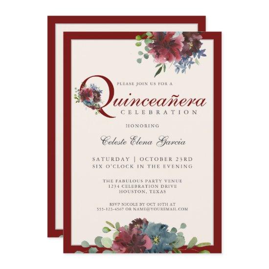 Burgundy and Blue Watercolor Floral Quinceanera