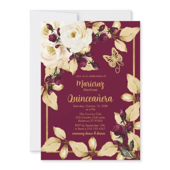Burgundy and Champagne Roses Gold Leaves Butterfly