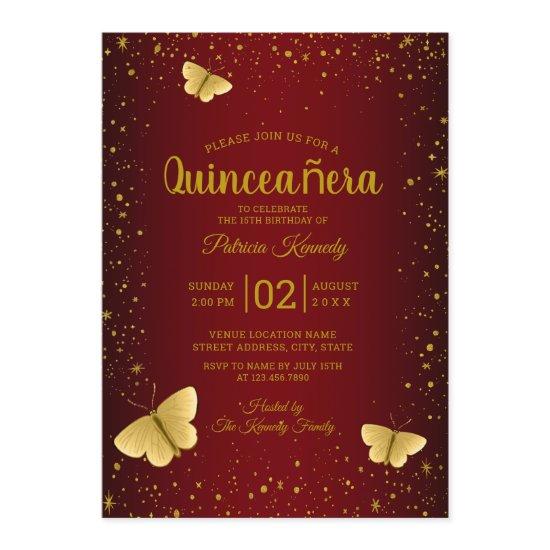 Burgundy And Gold Glitter Butterfly Quinceanera