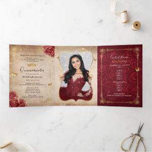 Burgundy and Gold Rose Elegant Photo Quinceanera  Tri-Fold