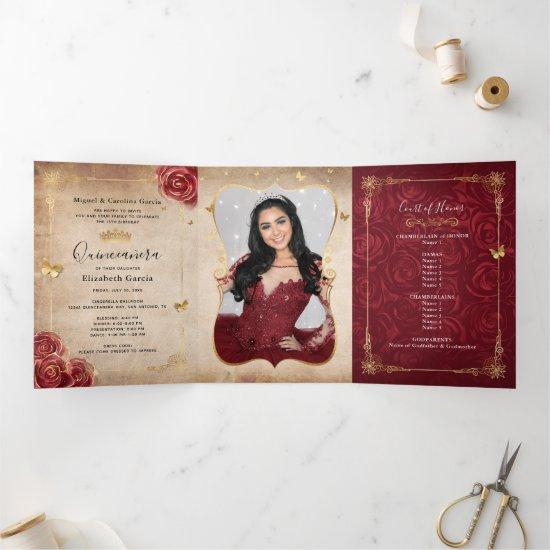 Burgundy and Gold Rose Elegant Photo Quinceanera  Tri-Fold